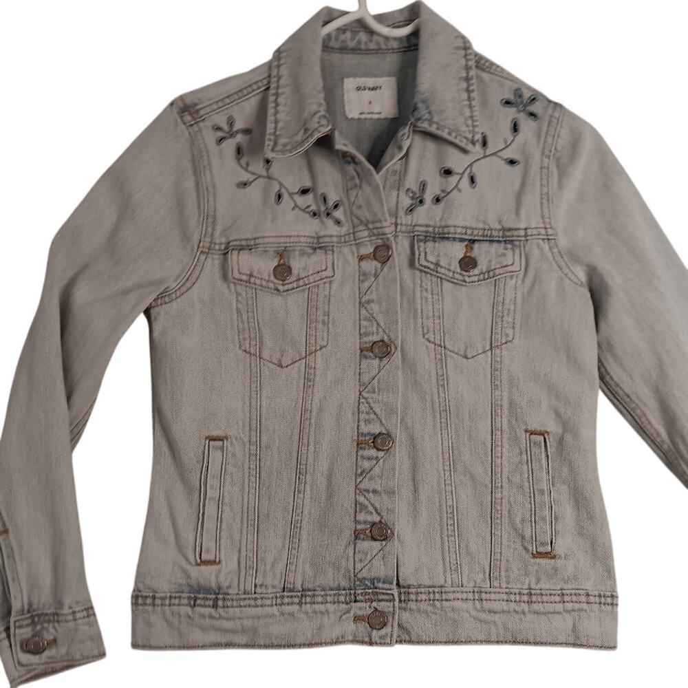 Old Navy Y2K Denim Jacket Womens S Light Wash Floral Embroidered‎ Trucker Casual